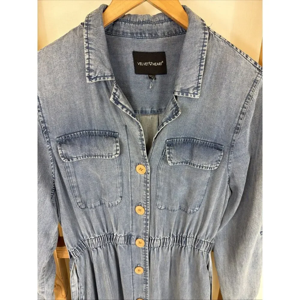 NWT Velvet Heart Blue Pockets Elastic Waist Button Up Shirt Dress #1414 Size SM - Picture 2 of 11